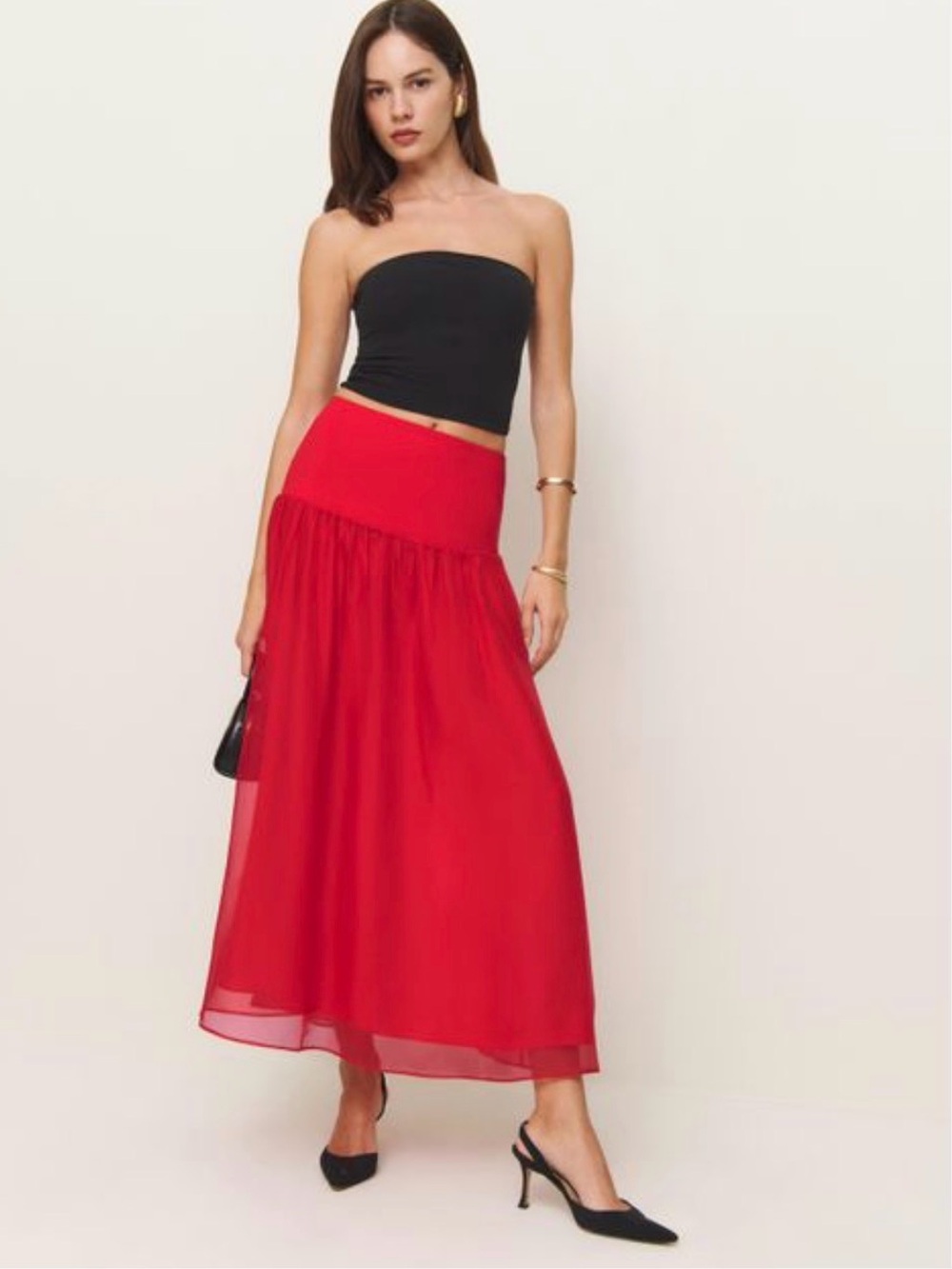 Reformation Red  Nuria Midi Skirt with Sheer Overlay